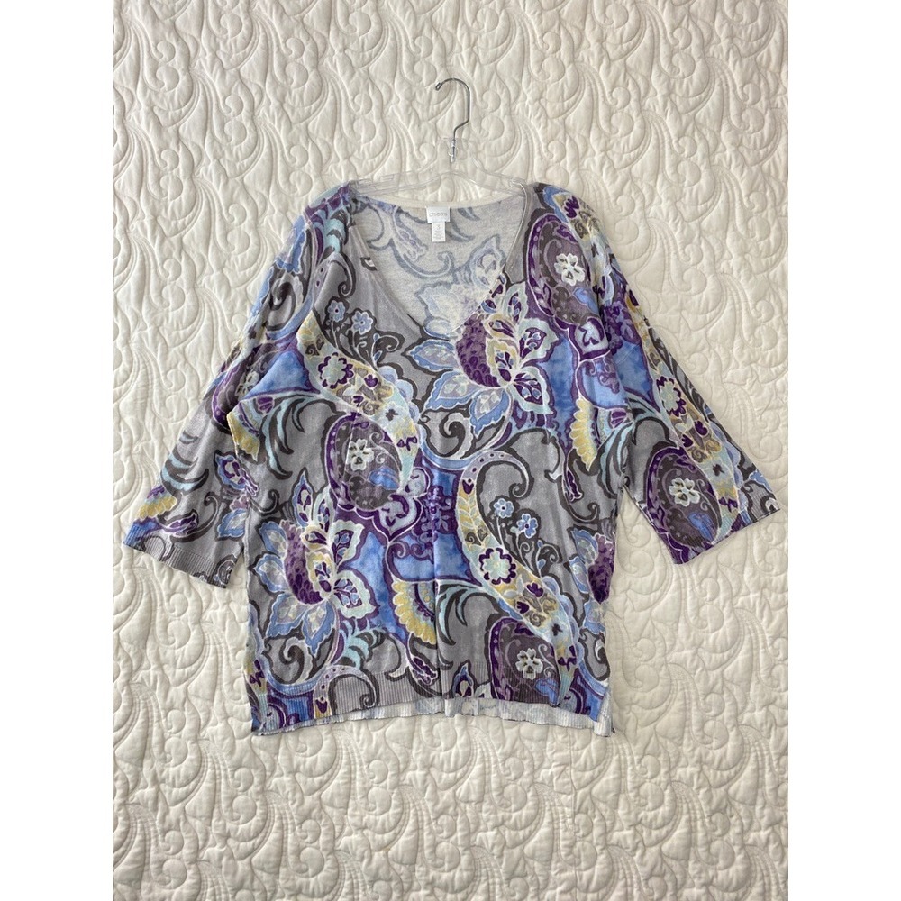 Chico's Paisley Floral V-Neck Sweater Womens 3 XL 3/4 Sleeve Grey Purple Knit